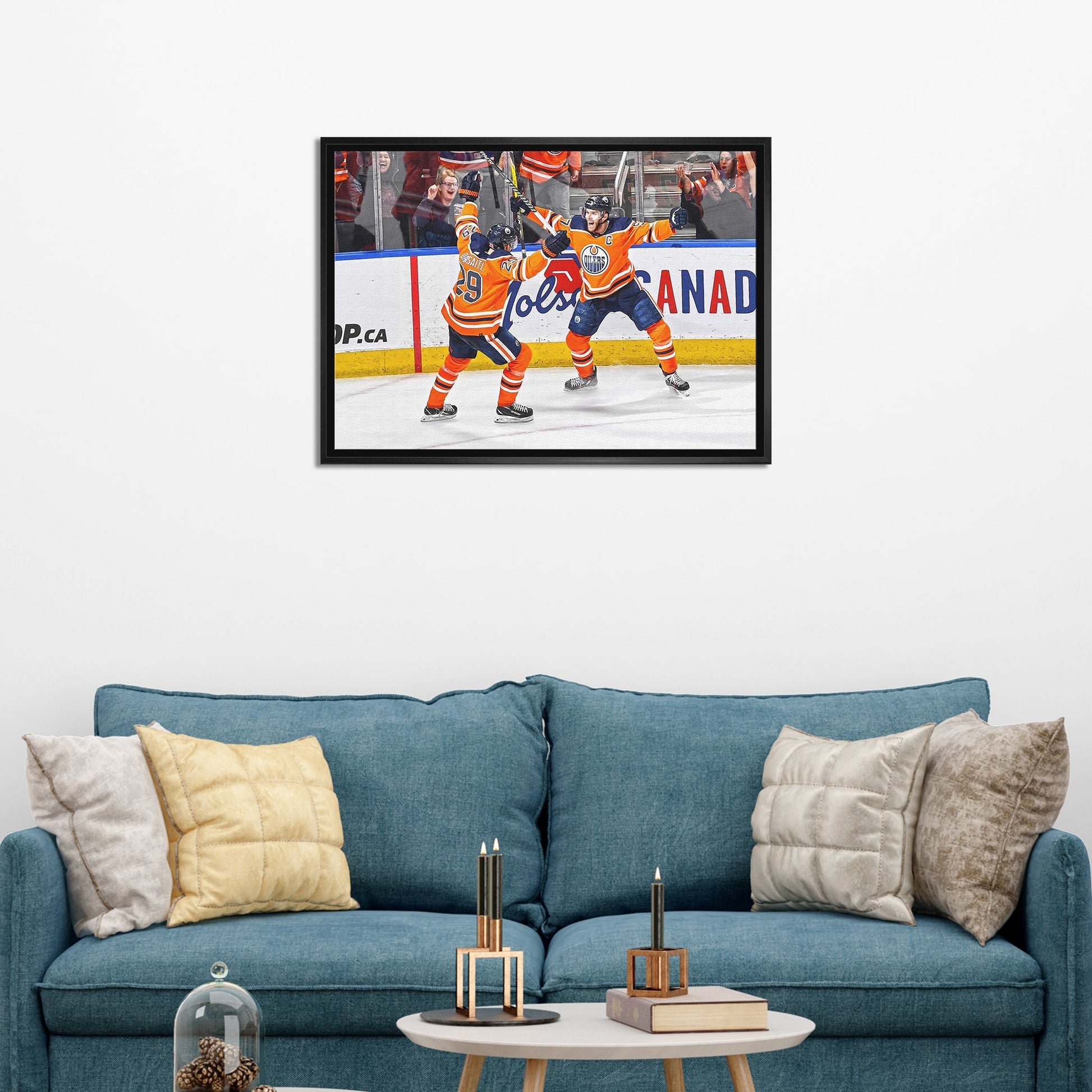 Leon Draisaitl and Connor McDavid 20x29 Framed Canvas Oilers Celebration-H Frameworth Sports Marketing