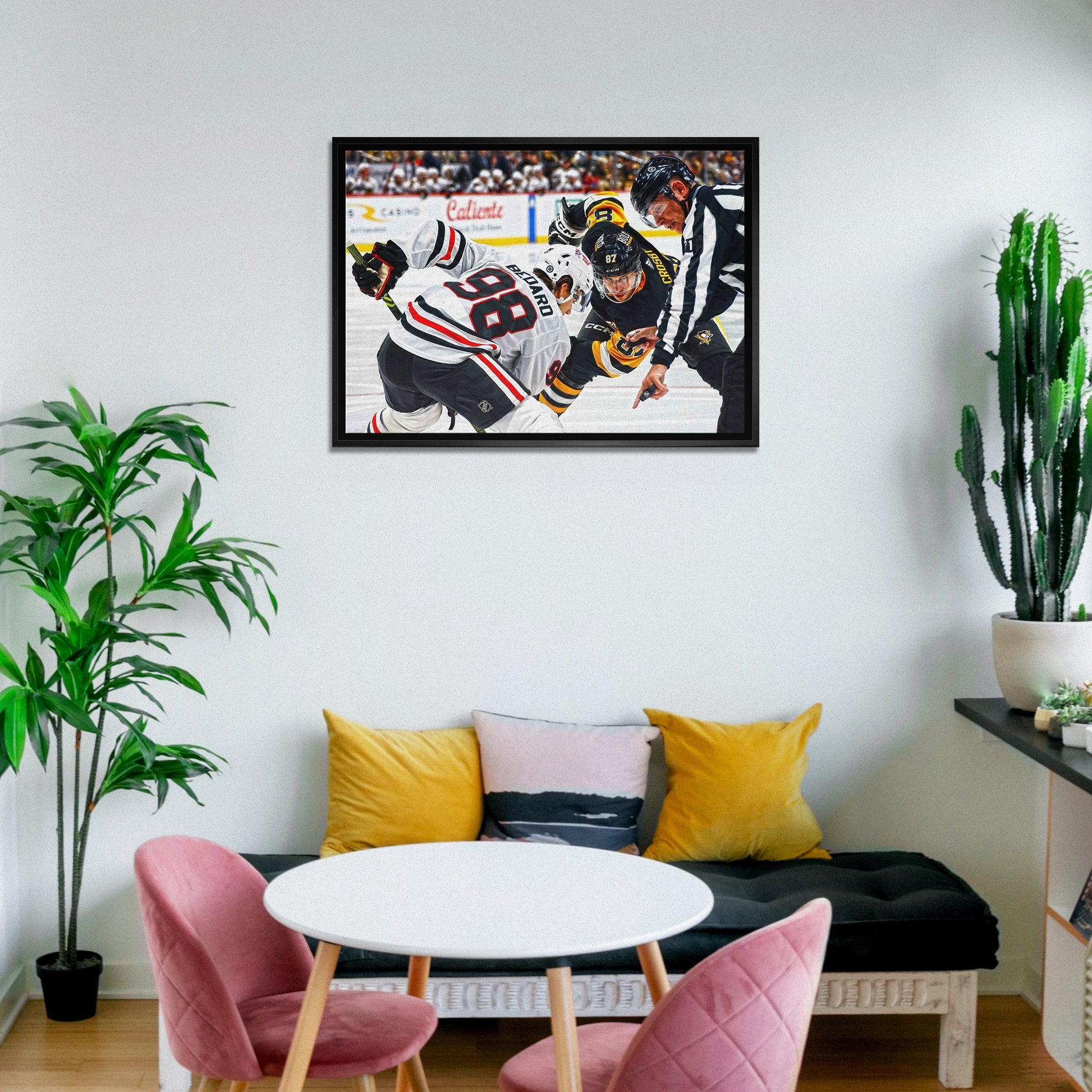 Connor Bedard 20x29 Framed Canvas Blackhawks vs Crosby Frameworth Sports Marketing