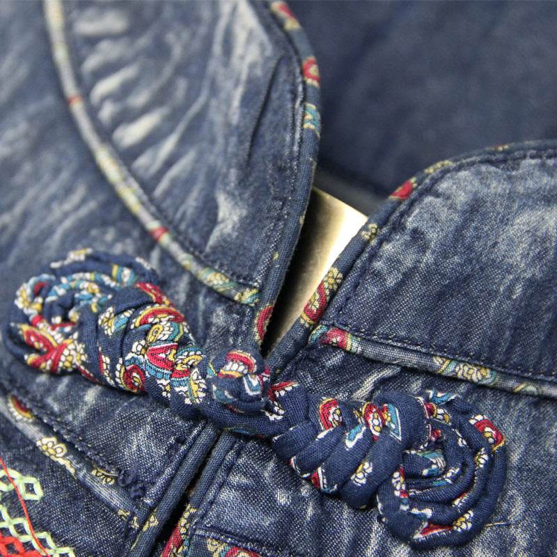 Elegant Classy Long Sleeve Denim dress with belt Flared Embroidered Jeans Dress - Velora