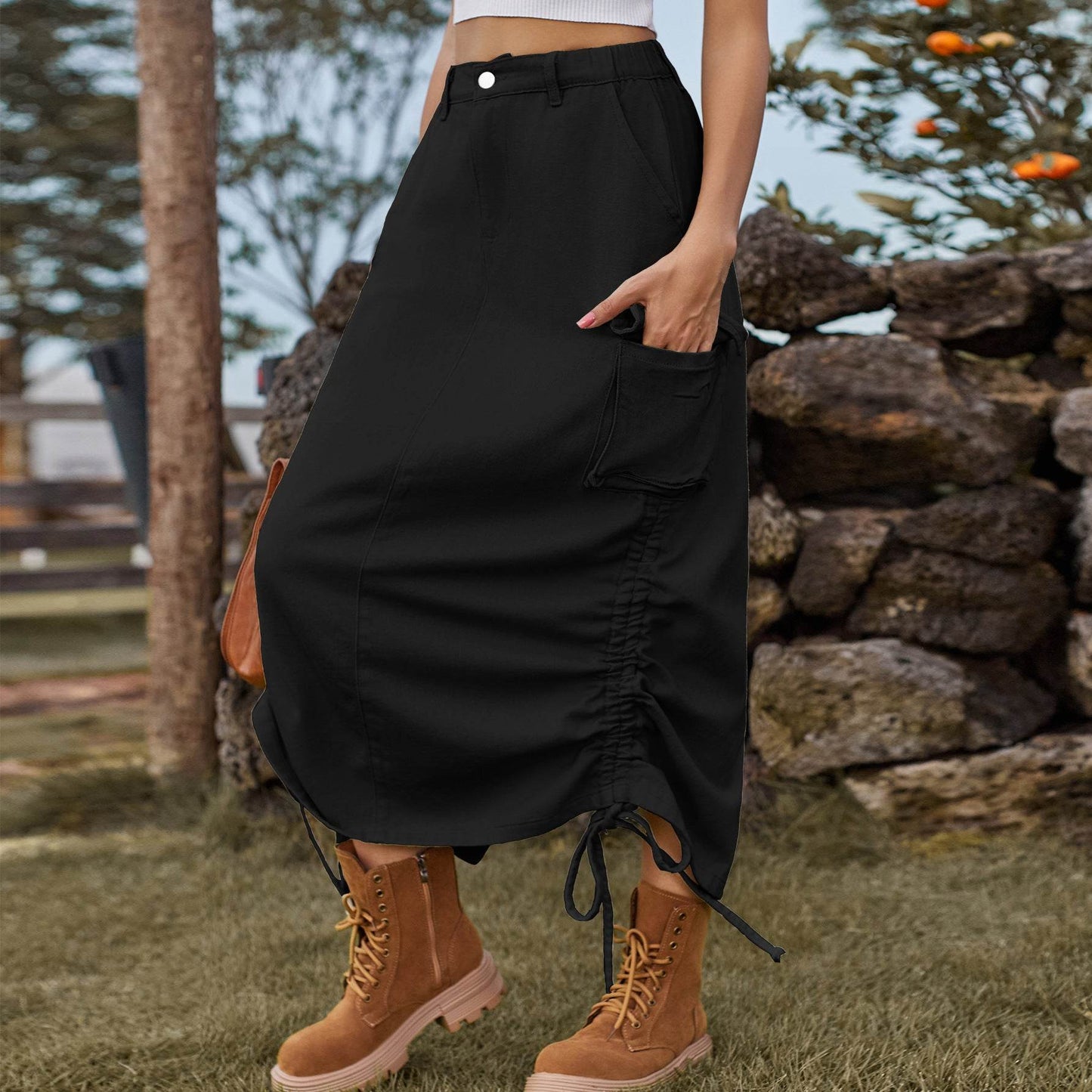American-style Casual Denim Drawstring Midi Cargo Skirt - Velora