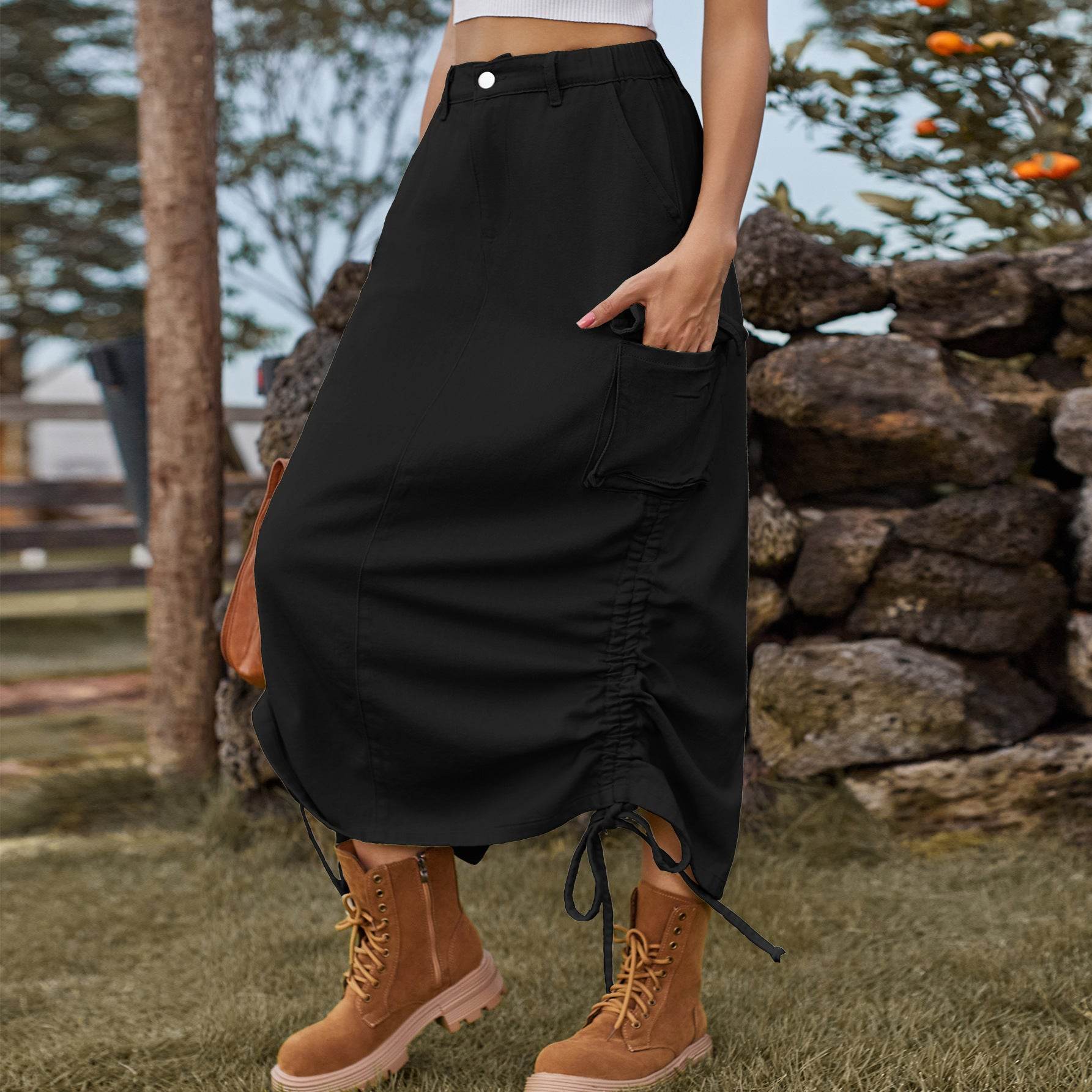 American-style Casual Denim Drawstring Midi Cargo Skirt - Velora