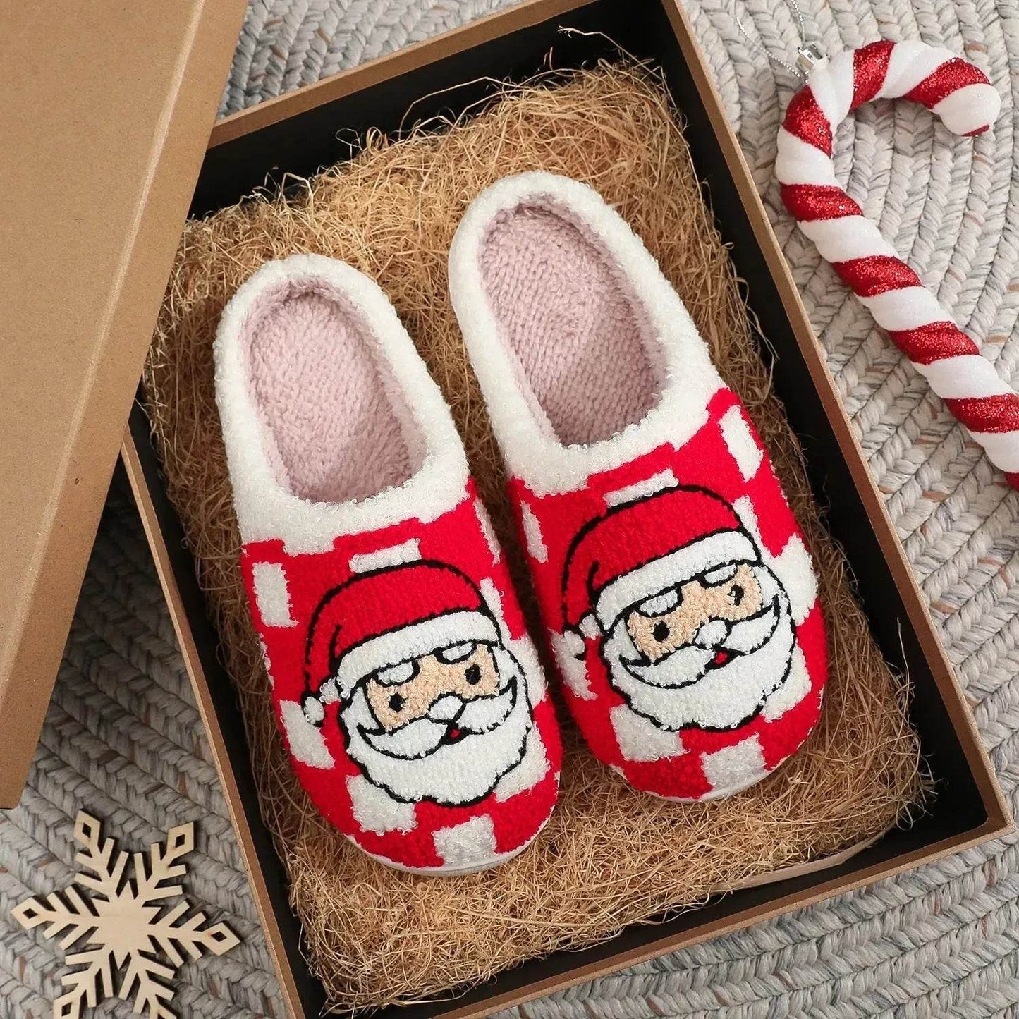 New Christmas Plaid Santa Claus Slippers Winter Indoor Non-slip Floor Bedroom Fuzzy House Shoes For Women Home Slipper - Velora