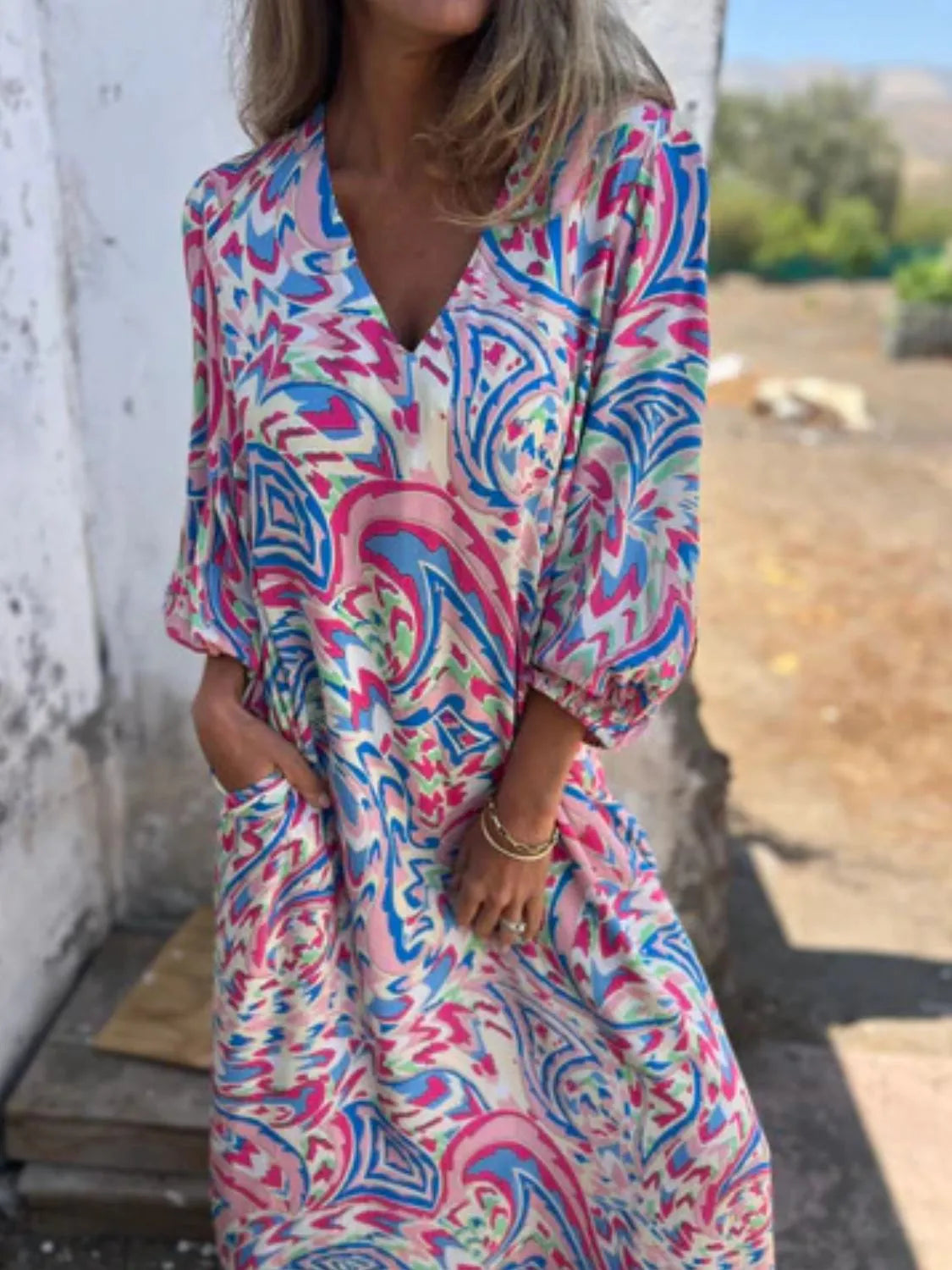 Full Size Printed V-Neck Dress with Pockets Plus Size - Velora