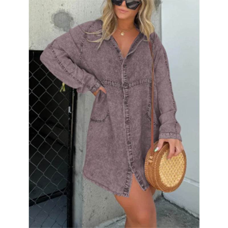 Women's Denim Washed Loose Shirt Dress - Velora