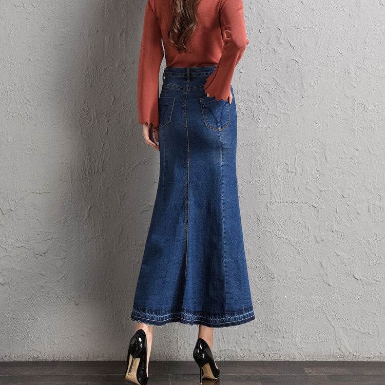 New Fashion Fitted Button up Mermaid Midi Denim Skirt - Velora