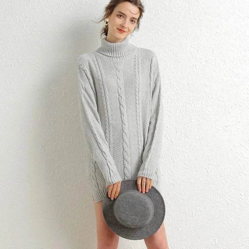 Oversize Knitted Mini turtleneck sweater dress Tunic sweater - Velora