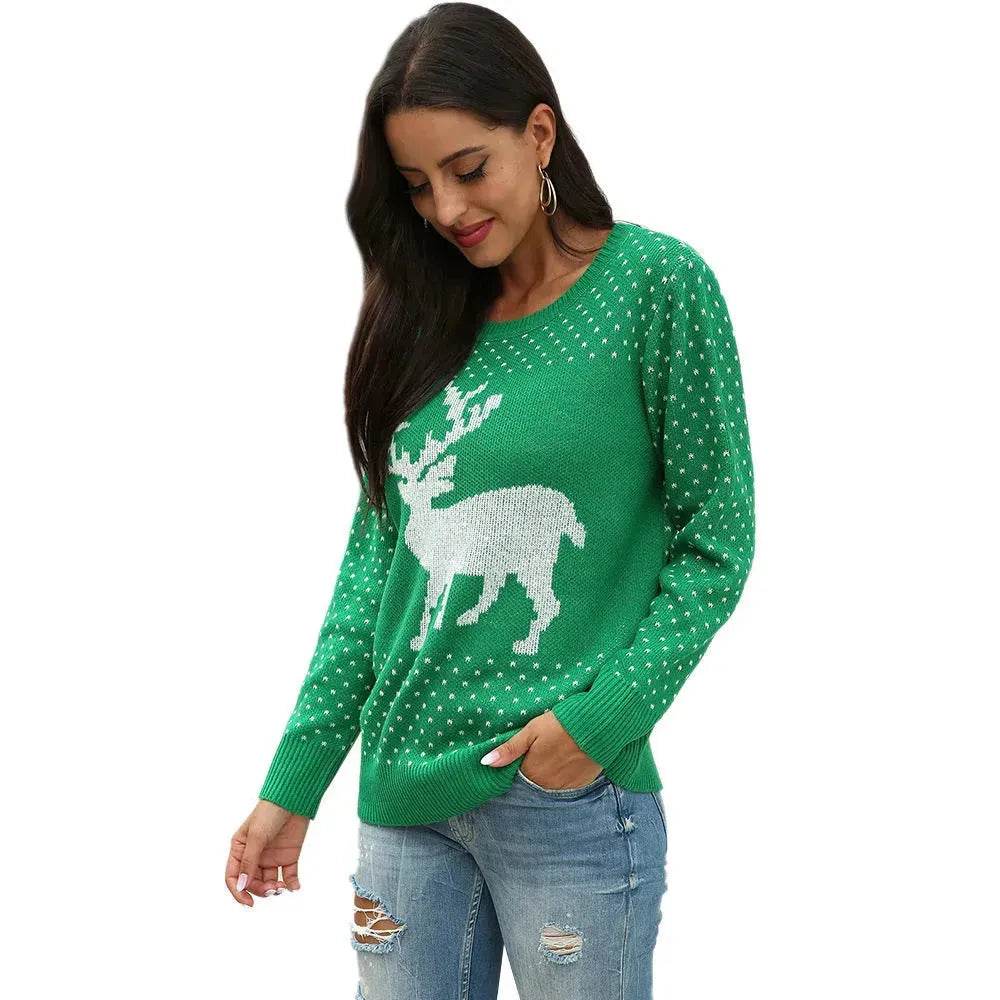 Fawn Reindeer jacquard christmas sweater Round neck women - Velora