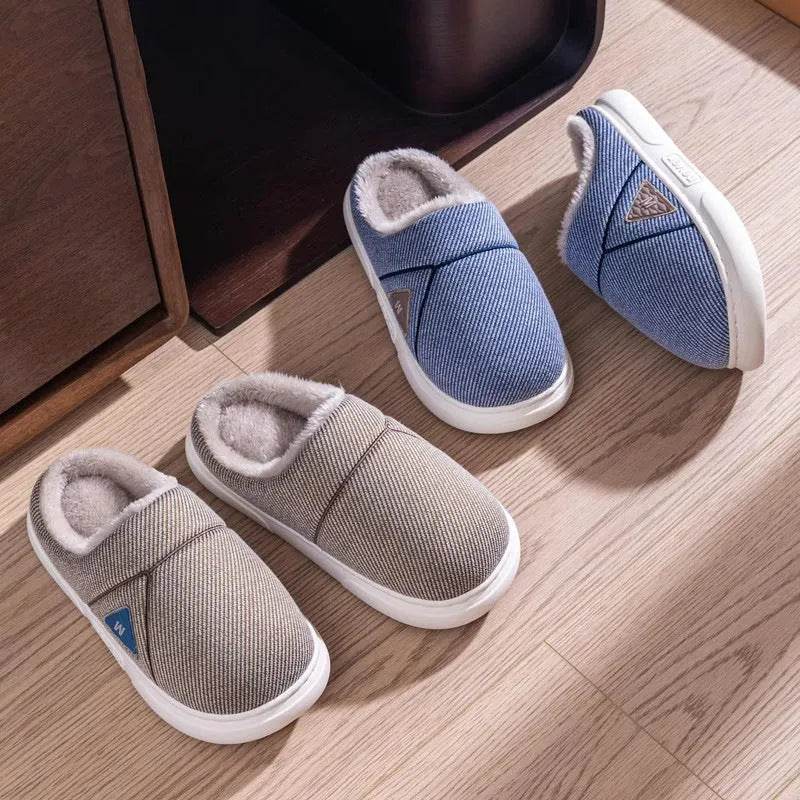 Solid Striped Home Slippers Winter Warm Fleece Shoes Men Indoor Bedroom Floor Plush Slippers For Women Couple - Velora