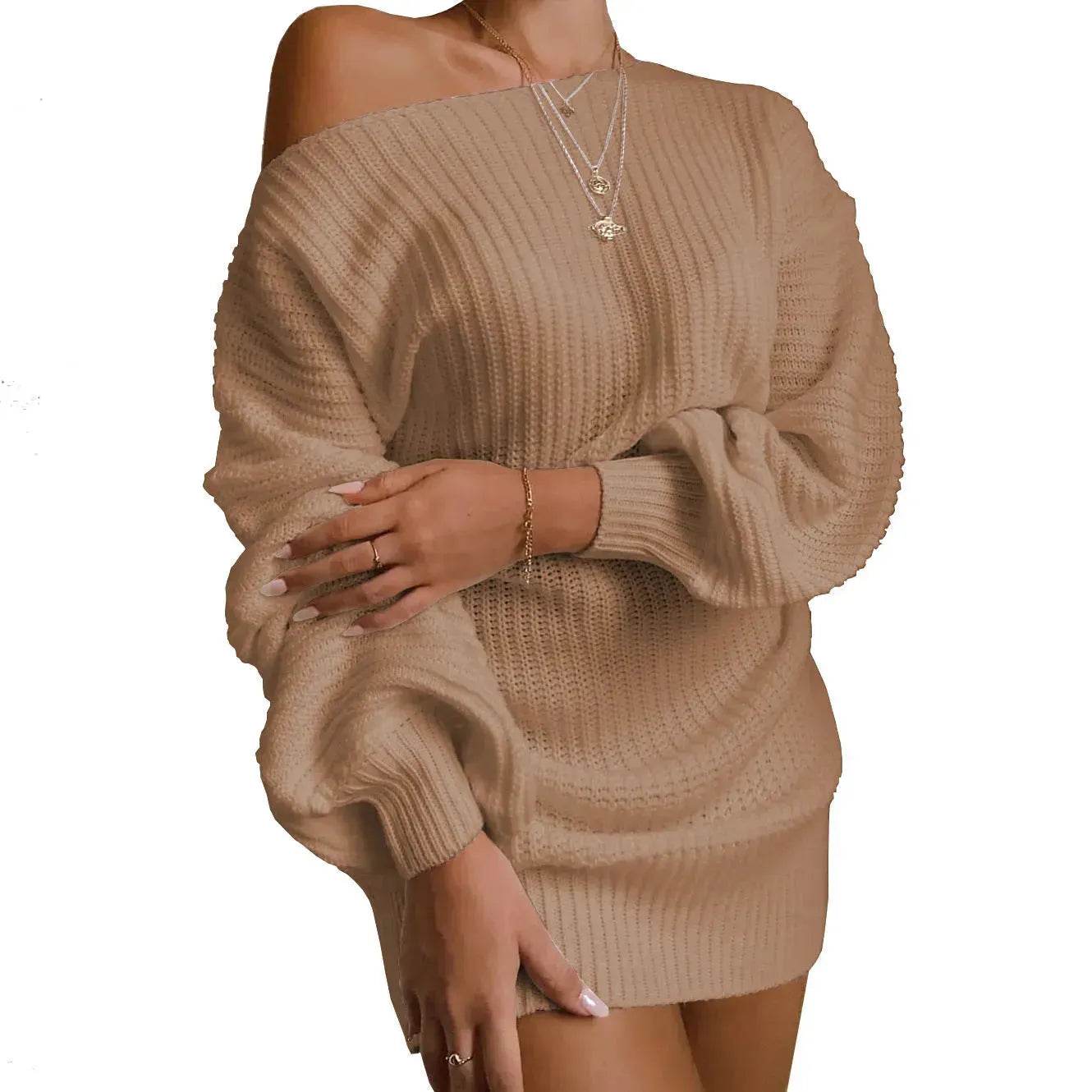 Autumn Winter Slant Shoulder Off Lantern sleeve Mini knitted wool sweater dress - Velora