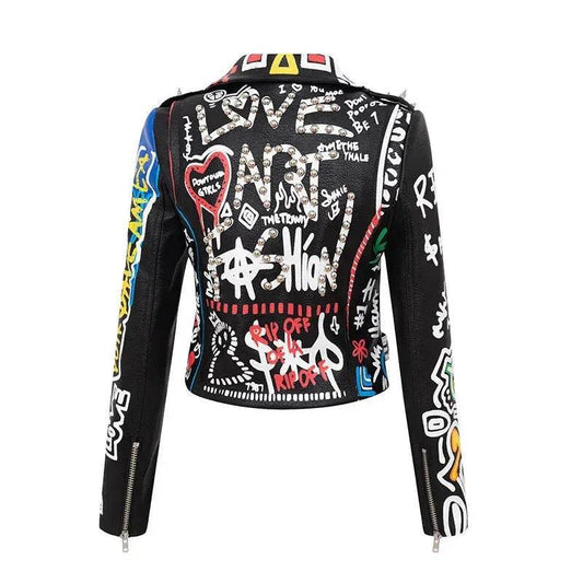 Printed Hit Color Jacket Motorcycle Leather Jacket Women's Suit Collar Trendy Jacket - Velora