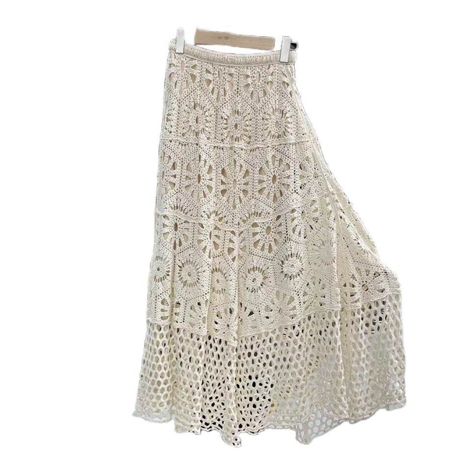 Spring Summer Crochet Lace Patchwork A- Line Beach Skirt Holiday Style Hollow-out flared flowy Maxi Skirt - Velora