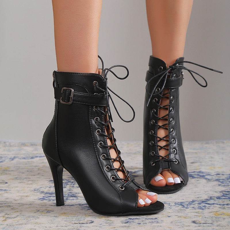 Women's Peep Toe High Heel Pumps Shoes Fashion Lace-up Buckle Sandals With Back Zipper Design - Velora