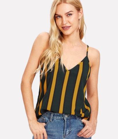 Casual Double V Neck Striped summer Top Spaghetti Strap Summer Multicolor Backless Tops - Velora