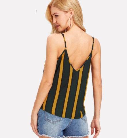 Casual Double V Neck Striped summer Top Spaghetti Strap Summer Multicolor Backless Tops - Velora