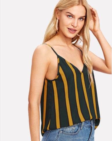 Casual Double V Neck Striped summer Top Spaghetti Strap Summer Multicolor Backless Tops - Velora