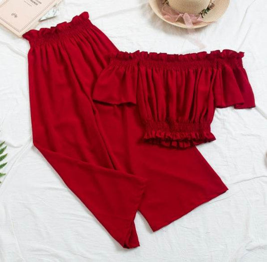 New Beach Two Piece Sets Clothes Women Sexy Slash Neck Crop Top Wiht Loose Pants Suits Summer Woman 2 Pcs Set Feminino - Velora