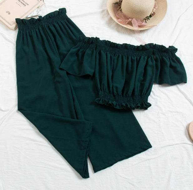 New Beach Two Piece Sets Clothes Women Sexy Slash Neck Crop Top Wiht Loose Pants Suits Summer Woman 2 Pcs Set Feminino - Velora