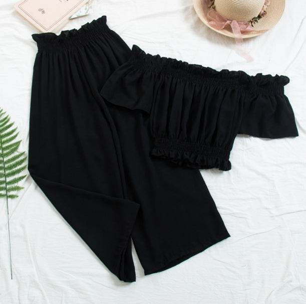 New Beach Two Piece Sets Clothes Women Sexy Slash Neck Crop Top Wiht Loose Pants Suits Summer Woman 2 Pcs Set Feminino - Velora