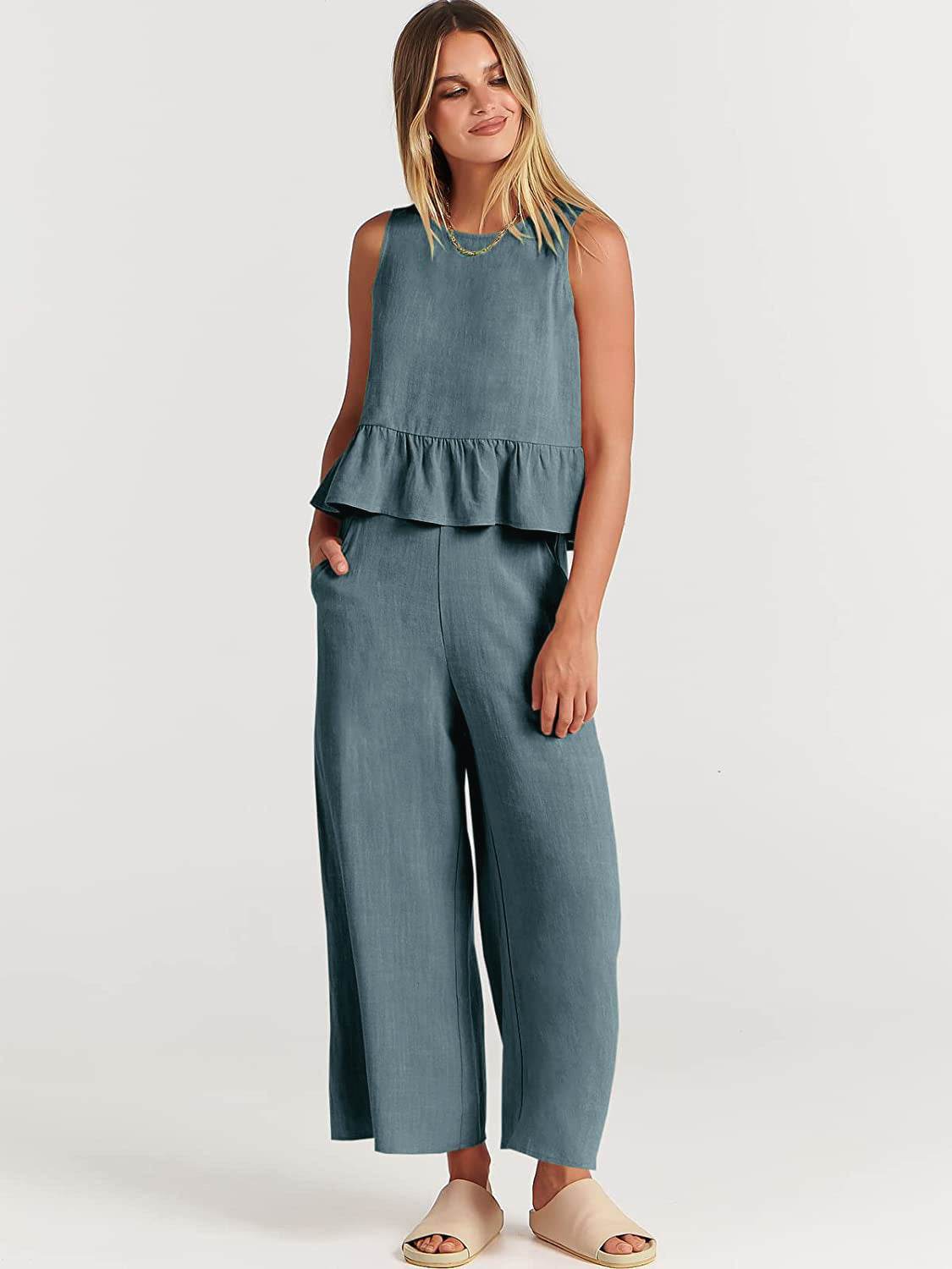 Casual Suit Summer Sleeveless Pleated Vest And Wide-leg Cropped Pants Fashion Two Piece Sets Women - Velora