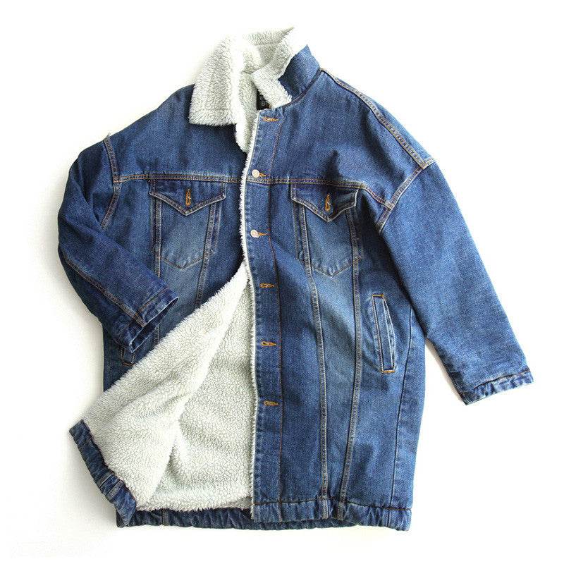Blue Fleece Lined Denim Jacket 3/4 Sleeve Unisex Jeans Jacket - Velora