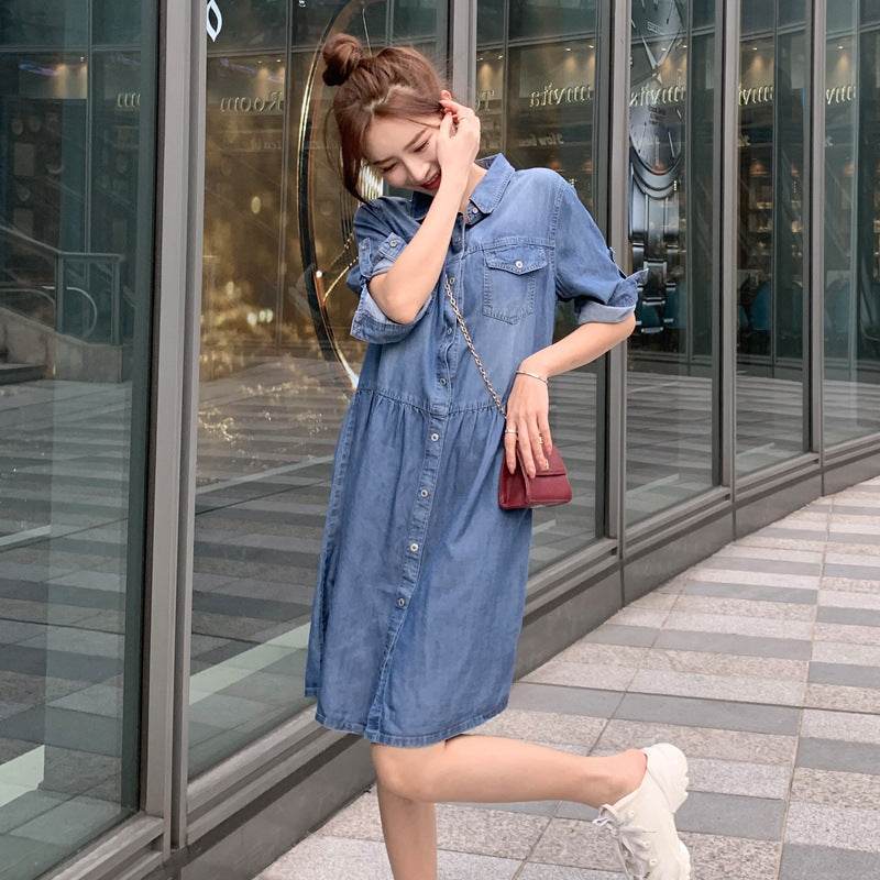 Casual Short sleeve Loose denim dress - Velora