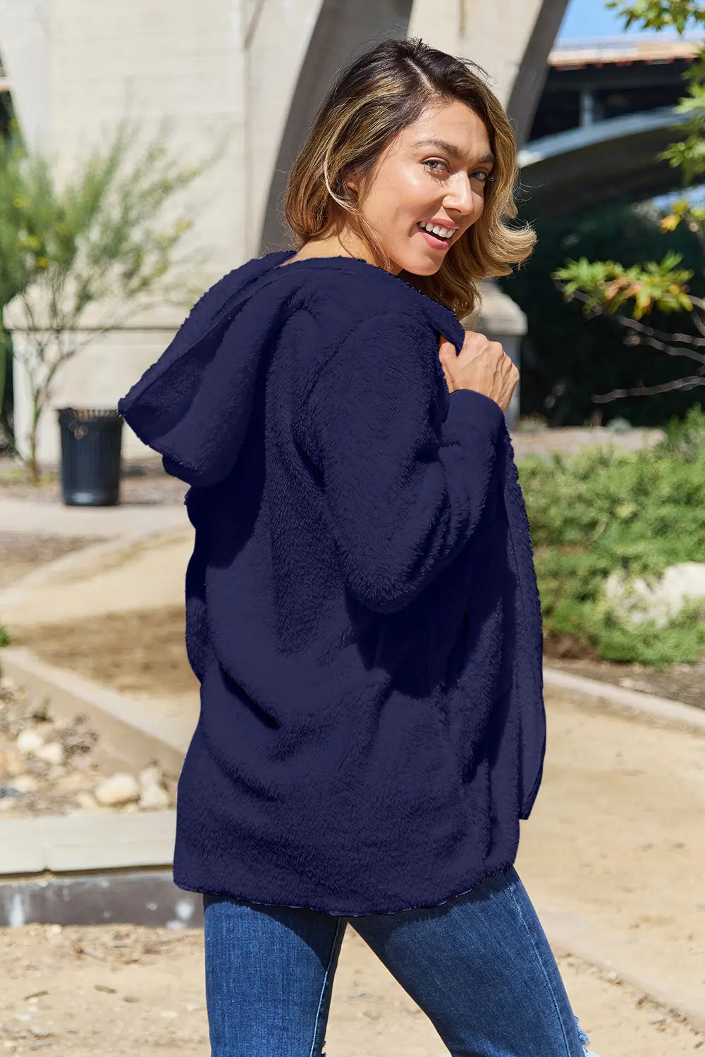 Full Size Teddy Hooded Jacket with Pockets - Velora