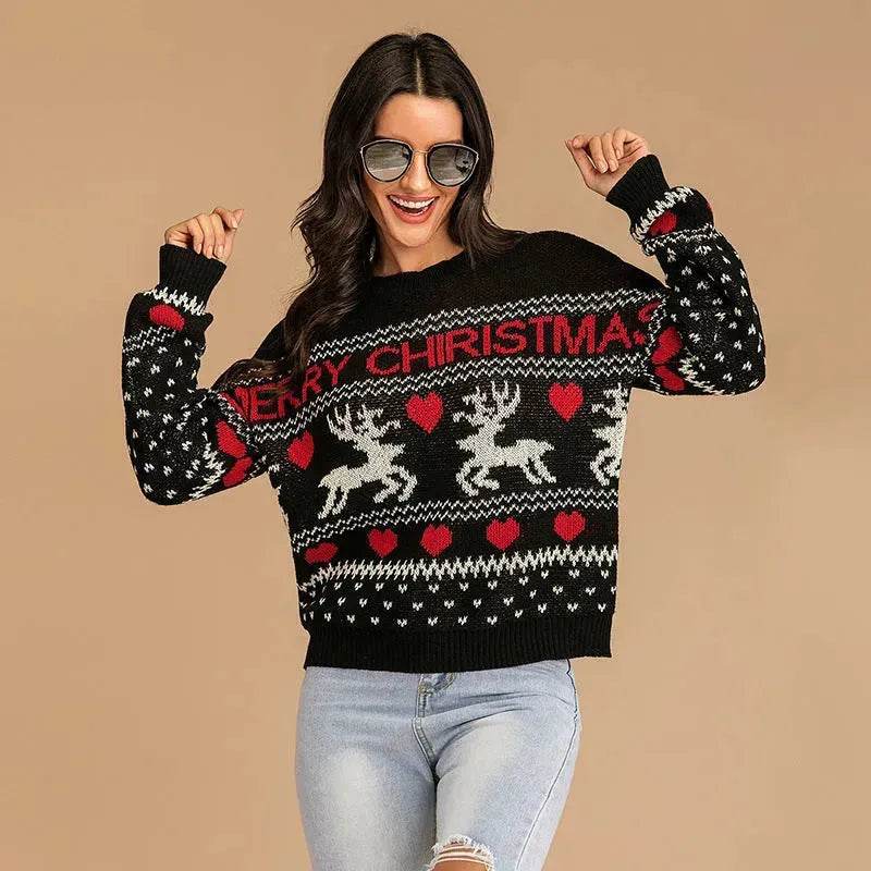Christmas fawn Antics Reindeer Black pullover sweater - Velora