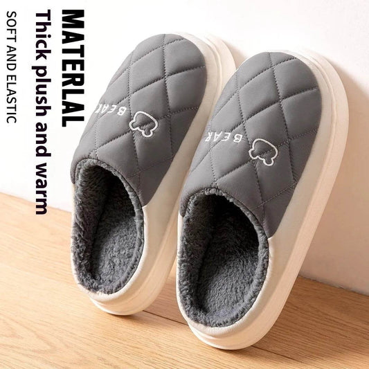 Rhombic Sewing Plush Slippers For Men Winter Warm Non-slip House Shoes Women's Bedroom Floor Home Slipper Couple - Velora