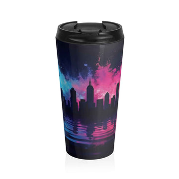 Neon City Skyline Stainless Steel Travel Mug — Retro Sunset Urban Thermos