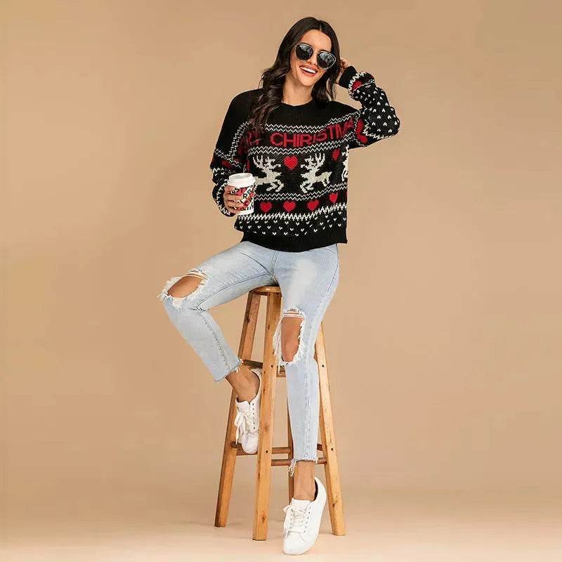 Christmas fawn Antics Reindeer Black pullover sweater - Velora