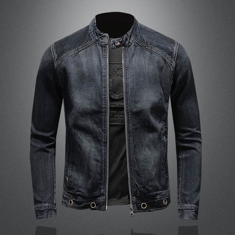 Men's Stand-up Collar Dark Blue Motorcycle Vintage Zipper Denim Coat - Velora
