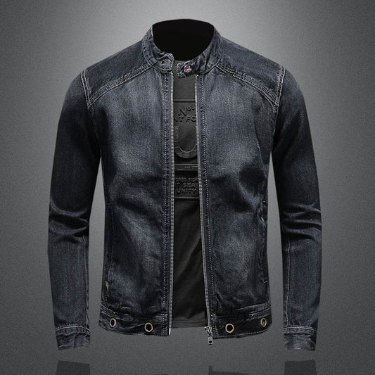 Men's Stand-up Collar Dark Blue Motorcycle Vintage Zipper Denim Coat - Velora