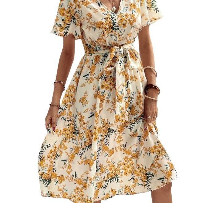 Women Bohemian Spring Short sleeve Casual flowy V-neck Tie belt Floral Summer Midi Dress - Velora