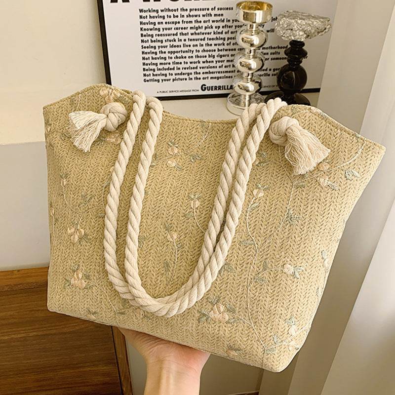 New And Simple Straw Bag Lace Bag Ins Straw Shoulder Bag Large Capacity Flower Fashion Women Handbag - Velora