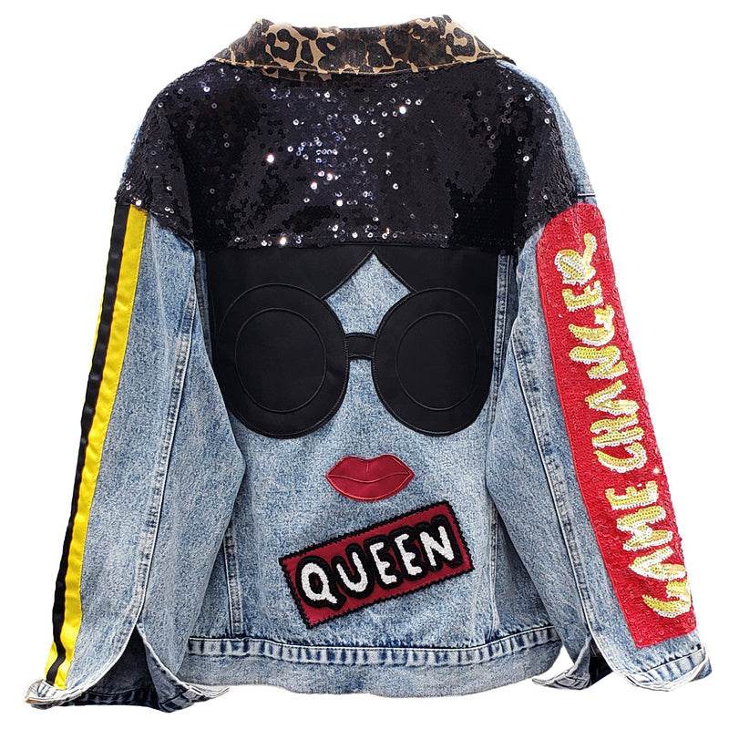 Single Breasted Embroidered Leopard Collar Denim Jacket Women - Velora