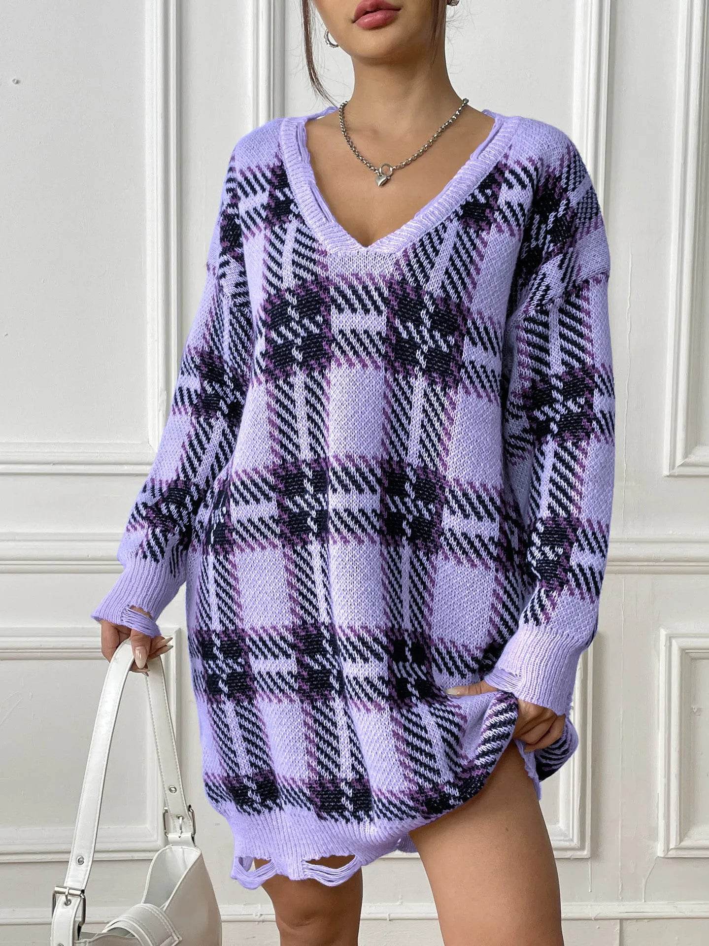 Deer Plush V-neck Long Sleeve Plaid Winter Jumper Mini dress - Velora