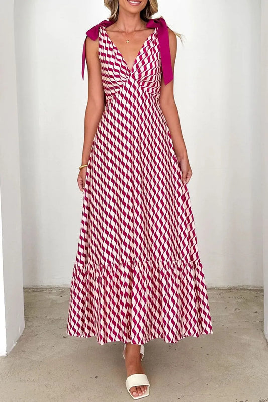 Printed V-Neck Tie Shoulder Midi Cami Dress - Velora