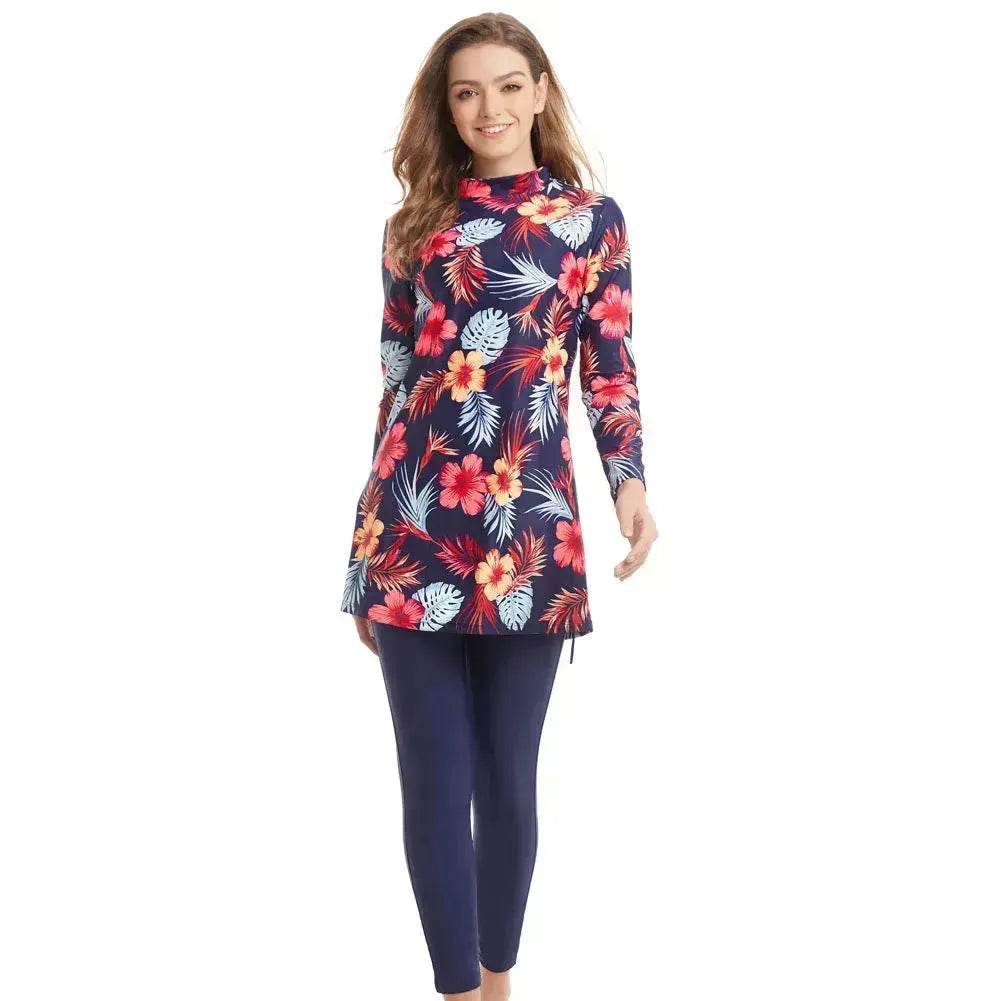 ArabSwimwear Women Modest Patchwork Hijab Long Sleeves Sport Swimsuit Islamic muslimah Burkinis Wear Bathing Suit - Velora