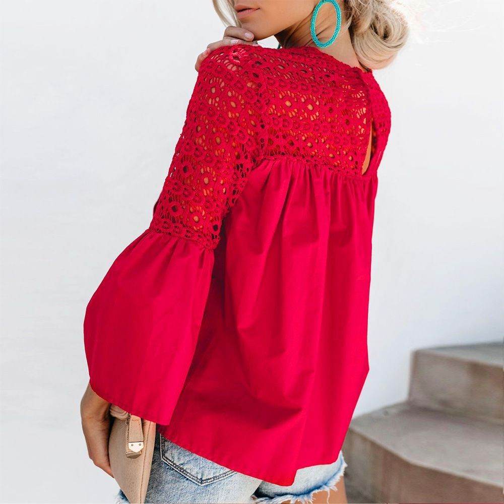 New fashion tops round neck women Ruffle Lace blouse Elegant Summer top - Velora