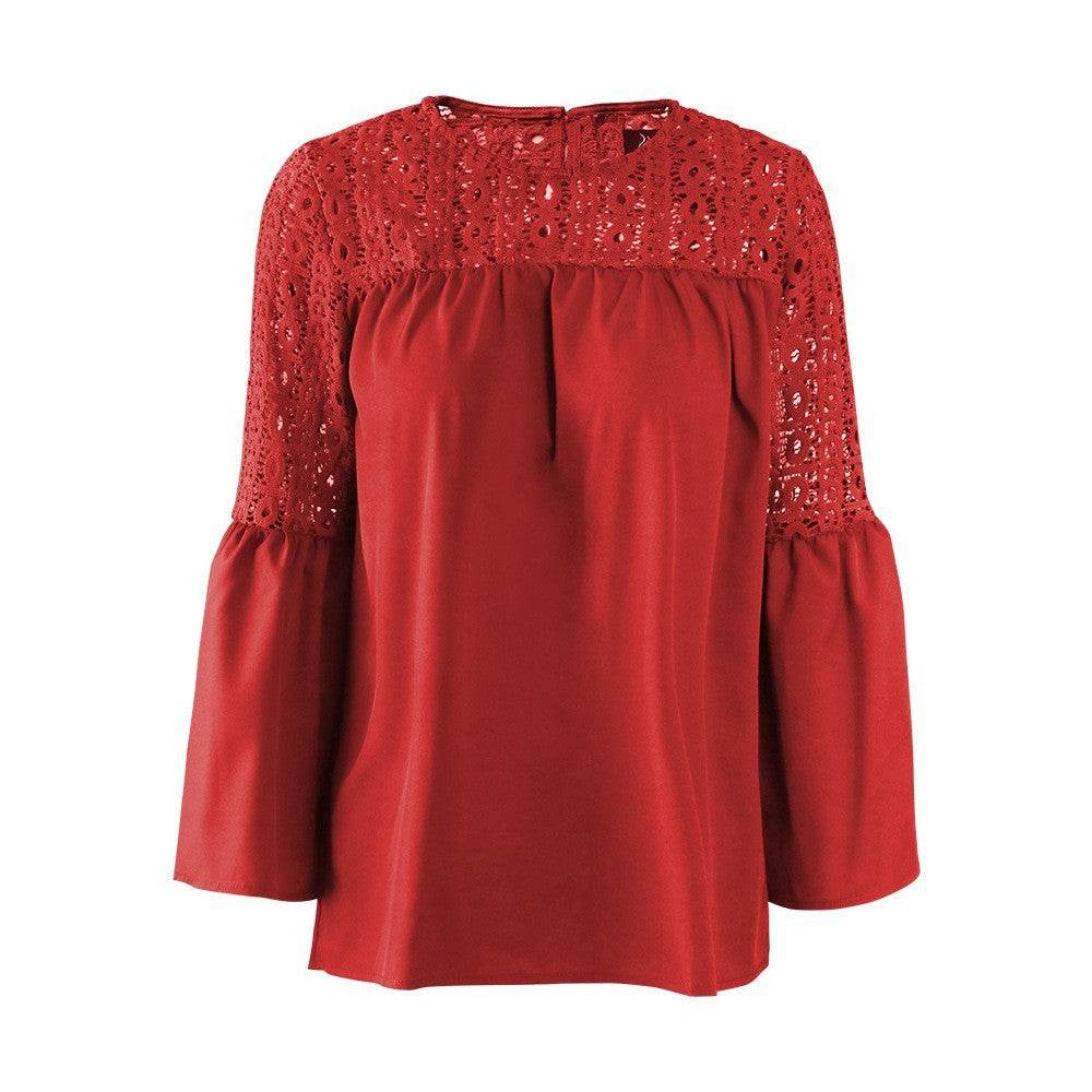 New fashion tops round neck women Ruffle Lace blouse Elegant Summer top - Velora