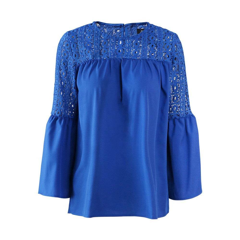 New fashion tops round neck women Ruffle Lace blouse Elegant Summer top - Velora