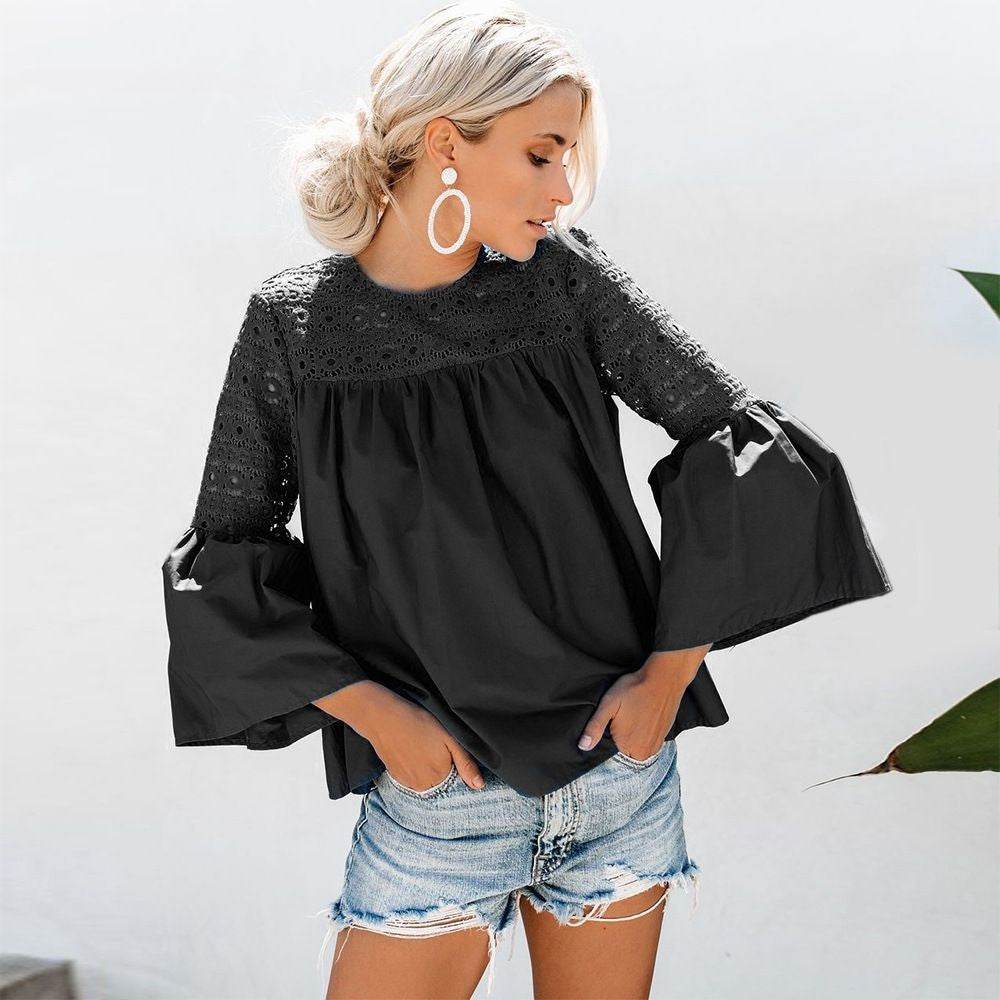 New fashion tops round neck women Ruffle Lace blouse Elegant Summer top - Velora
