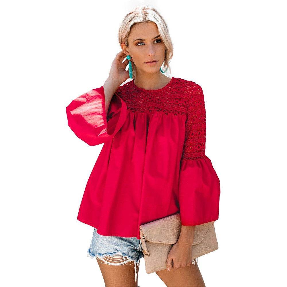 New fashion tops round neck women Ruffle Lace blouse Elegant Summer top - Velora