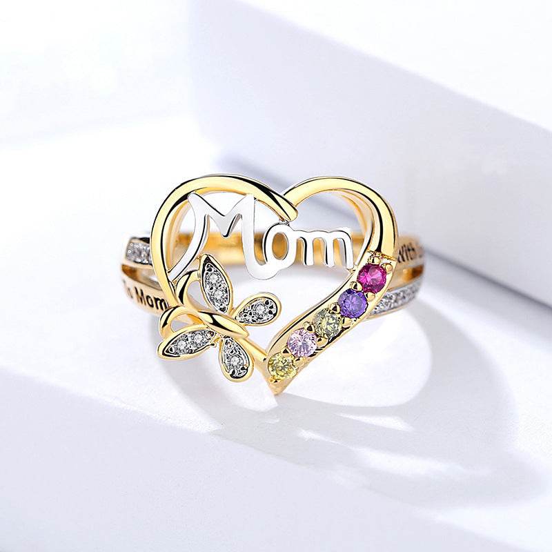 Mother's Day Gift Hollow Heart English Letter Love Mom Rhinestone Butterfly Finger Ring Jewelry Gift - Velora