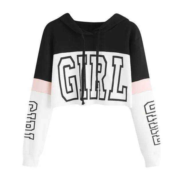 Girls Fashion Hoodie Crop Top Sweatshirt Pullover Women Patchwork - Velora