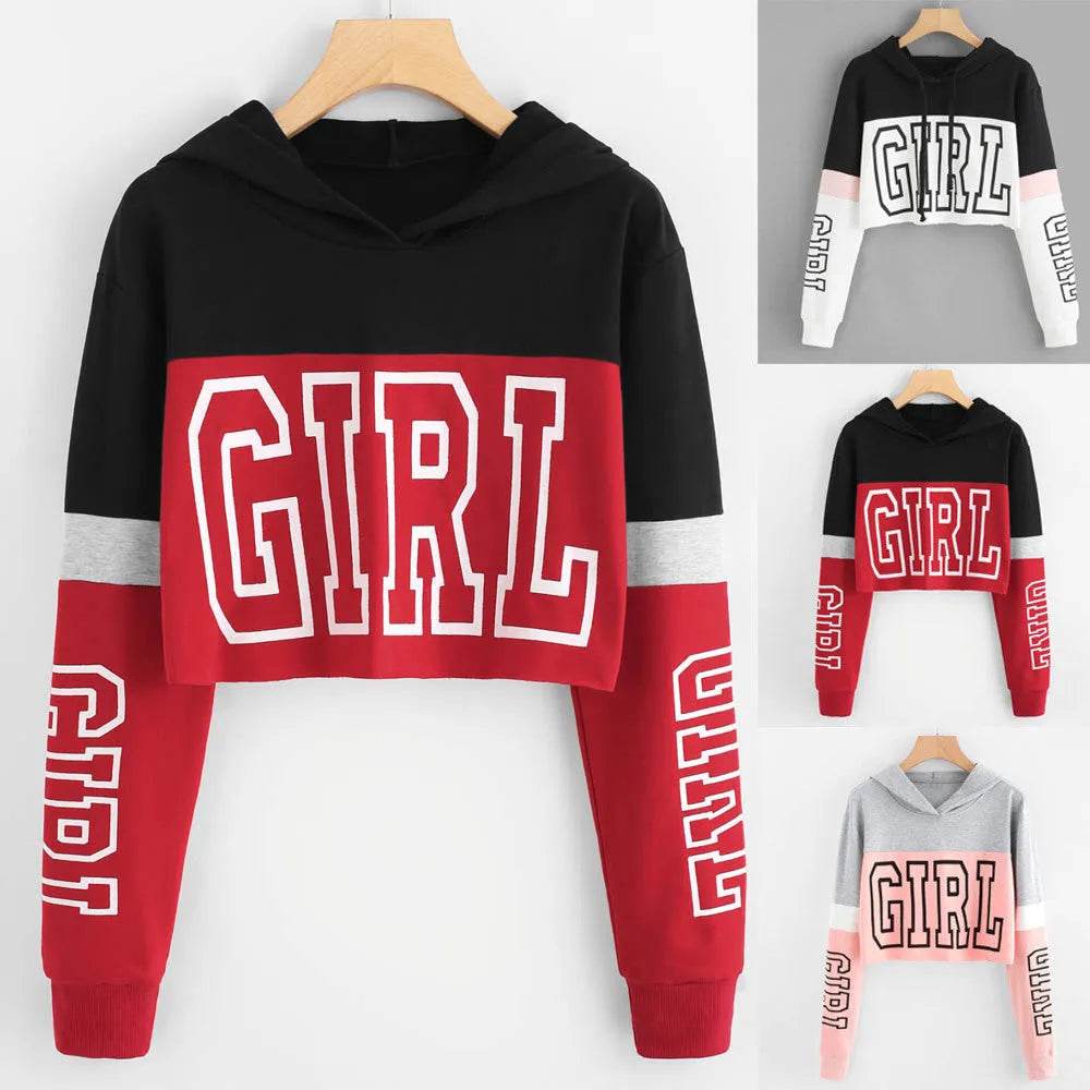 Girls Fashion Hoodie Crop Top Sweatshirt Pullover Women Patchwork - Velora