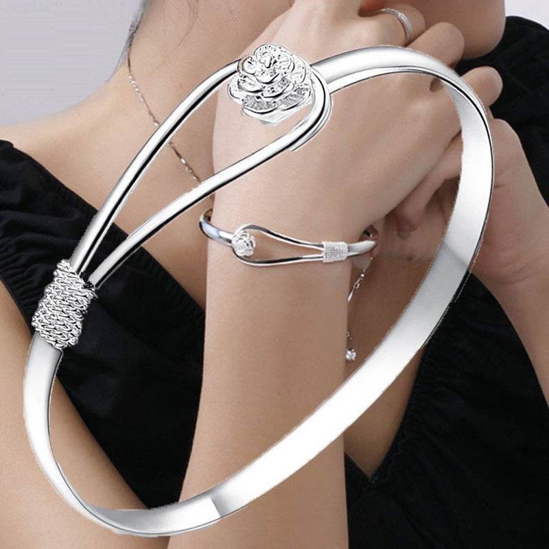 Simple Trendy Rose Flower Bracelet Female Romantic Flower silver Bracelet for ladies - Velora