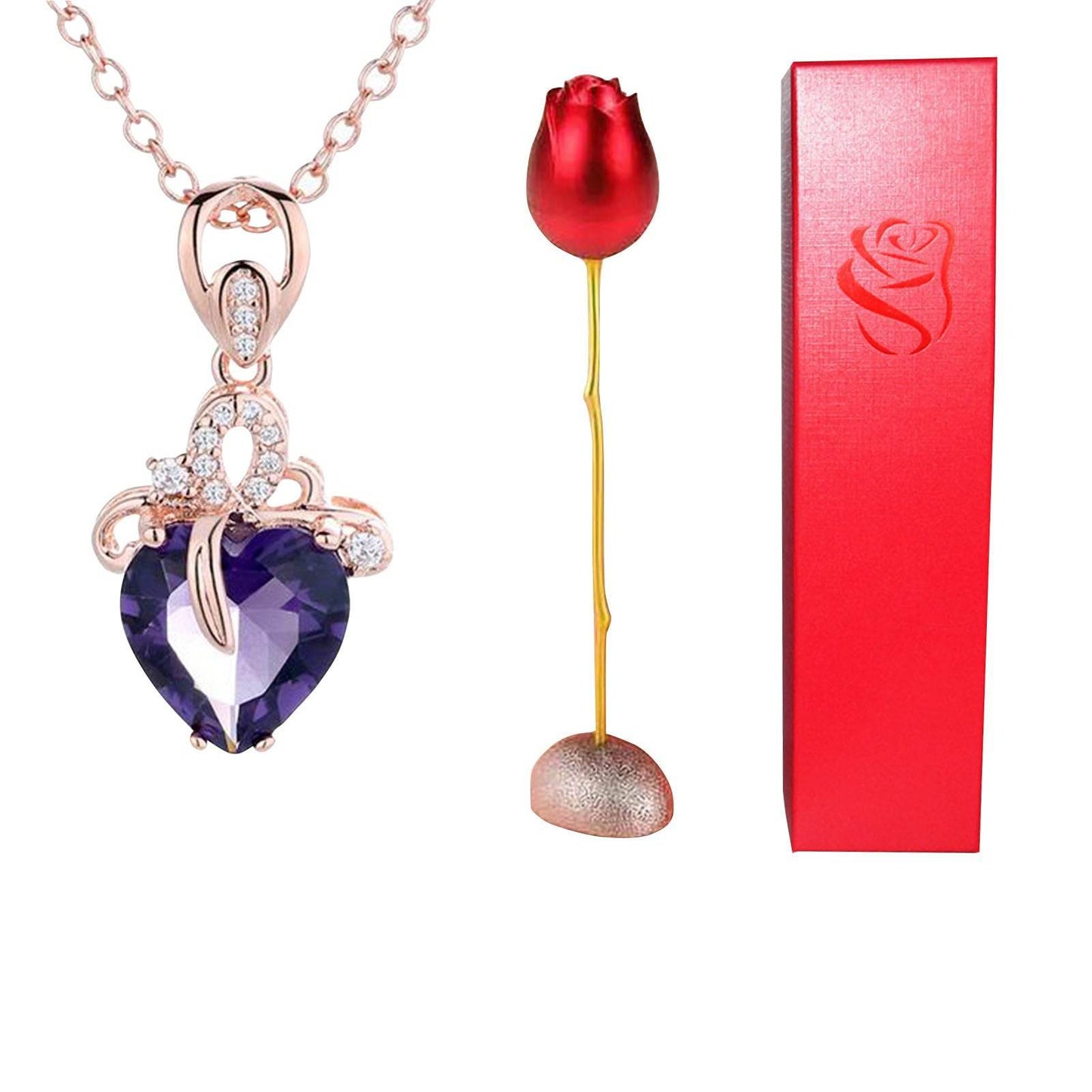 Valentines Day Gift Heart Shaped Blue Purple Crystal Diamond Pendant Rose Head Necklace - Velora