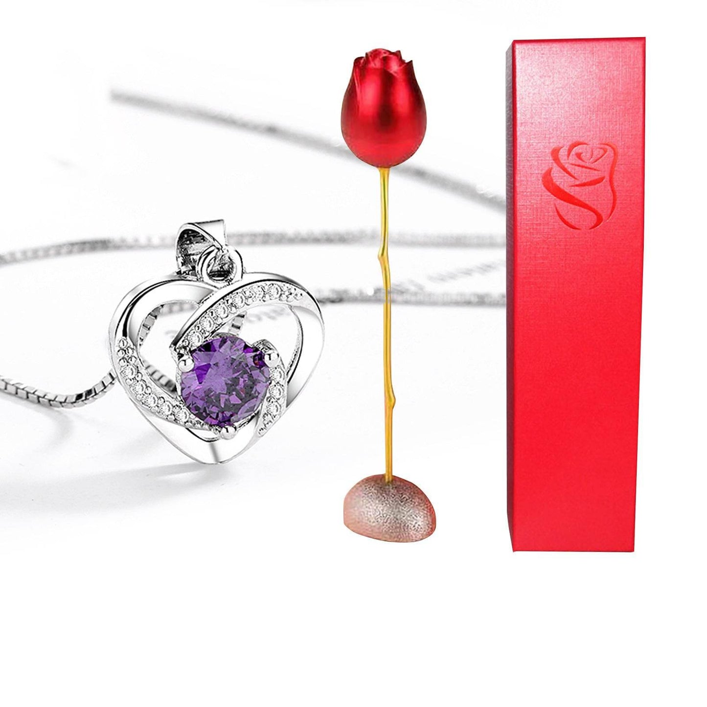 Valentines Day Gift Heart Shaped Blue Purple Crystal Diamond Pendant Rose Head Necklace - Velora