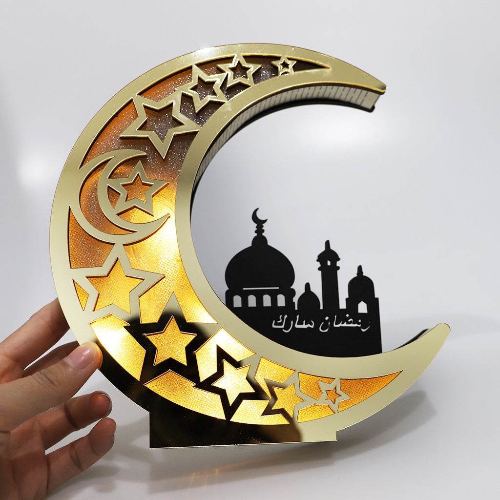 Wooden Eid Mubarak Mirror Golden Moon Castle craft Hollow Letters with LED Lights decor Ornaments - Velora
